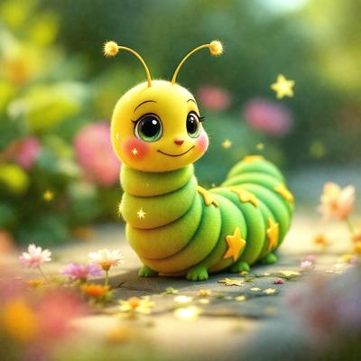 The primary subject of the image is a cute, colorful, and happy-looking caterpillar. The caterpillar is sitting on a flower-covered ground, surrounded by a variety of flowers. The setting is a lush, vibrant garden, with the caterpillar being the main focus of the scene. The visual style of the image is a combination of digital art and illustration, creating a whimsical and delightful atmosphere. The colors and mood of the image are pre